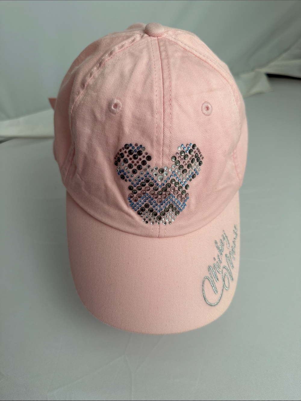 Disney Parks light pink rhinestone silver embroidery Mickey Mouse adjustable hat